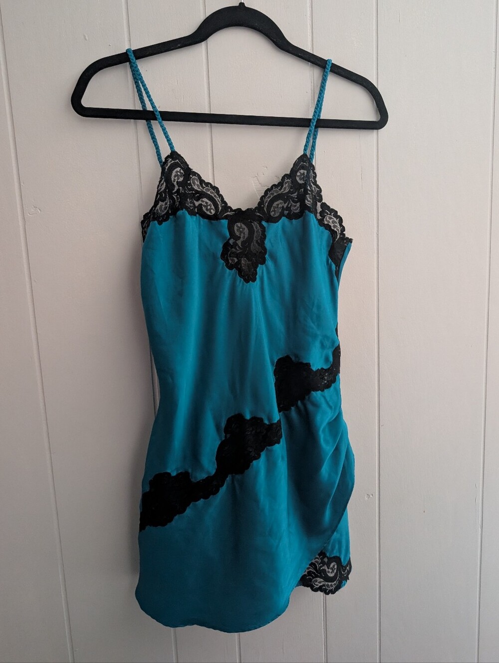 Vintage Gold Label Victoria's Secret Teal Satin Slip Dress with Black Lace Trim